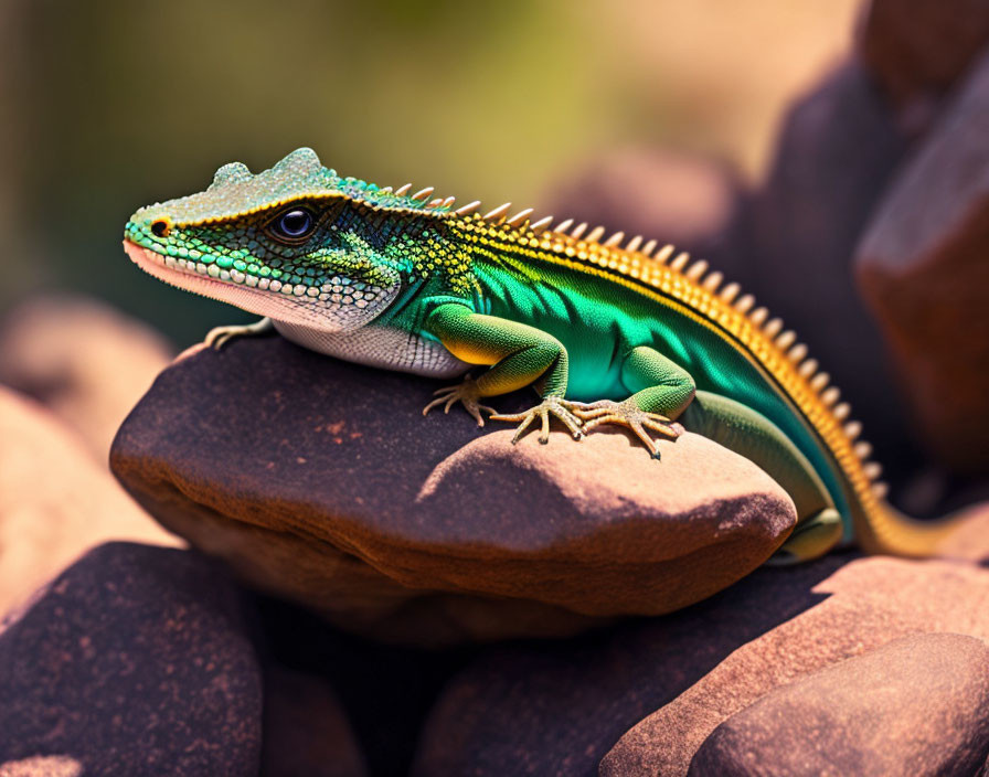 Vibrant green lizard with blue accents and spiny ridge on rock