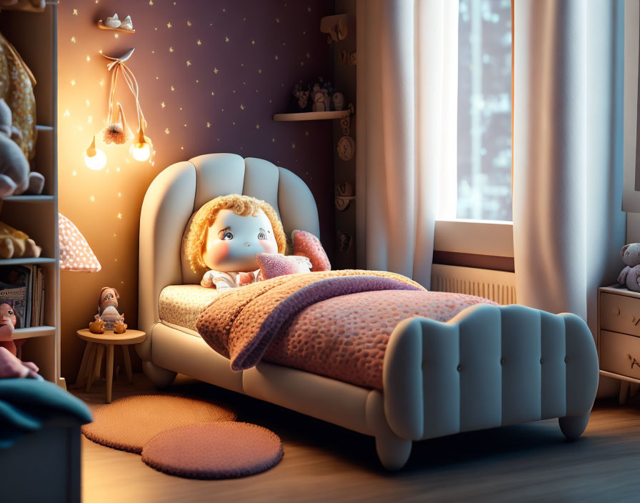 Child character in cozy bedroom with toys and star-patterned wallpaper