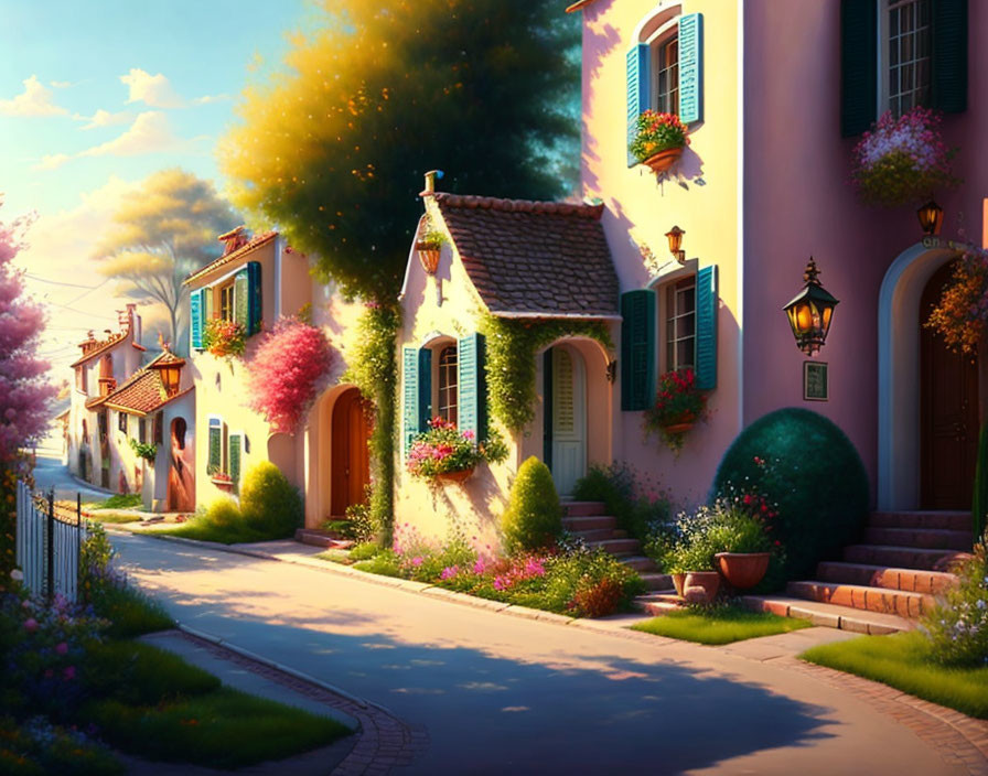 Charming street with colorful houses and flowers