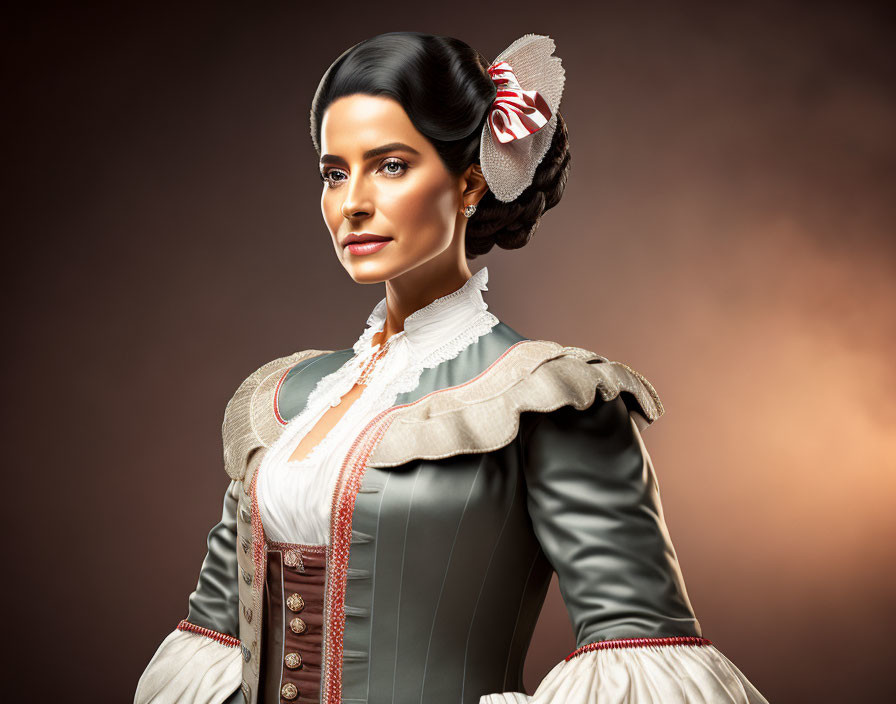 Historical woman in white ruffled collar and grey bodice portrait