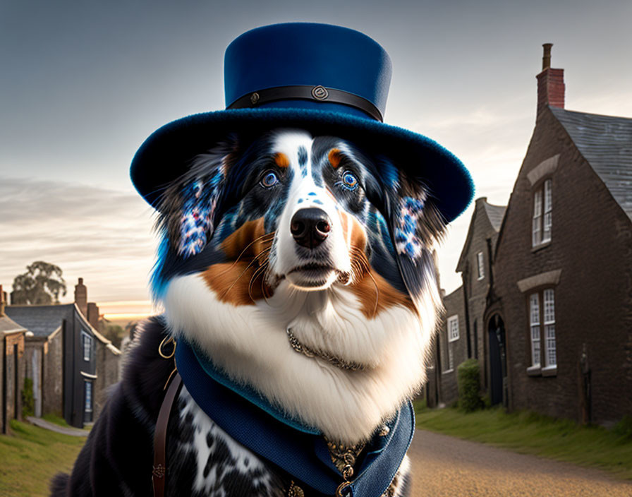 Dog in Blue Top Hat and Cloak on Street at Sunset