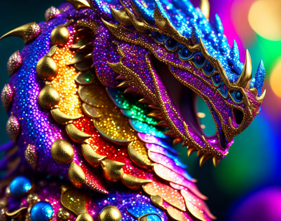 Colorful Glittering Dragon Sculpture with Intricate Detailing