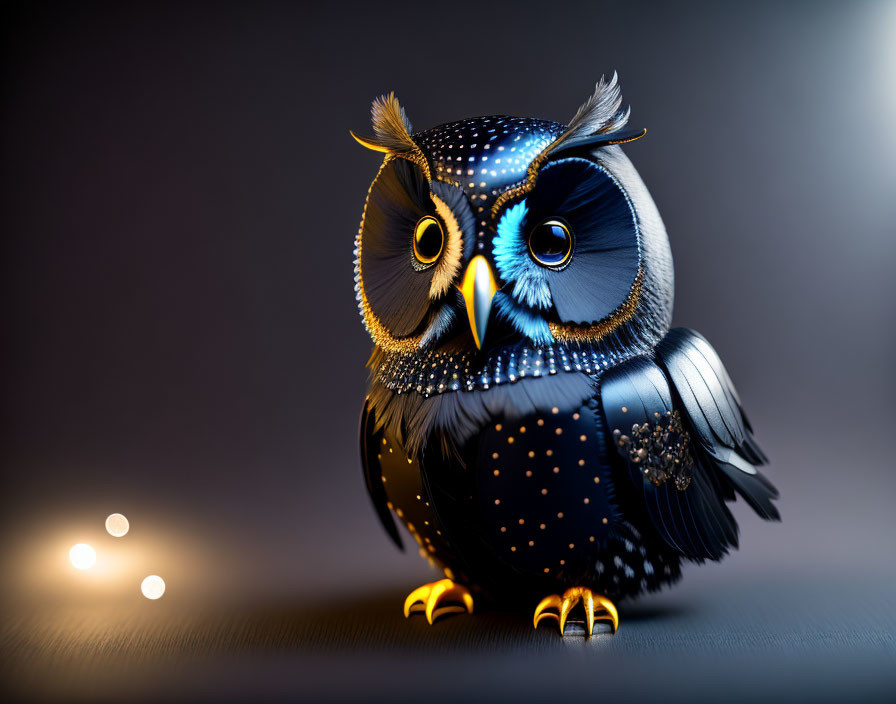 Stylized owl digital illustration with shimmering body and yellow eyes