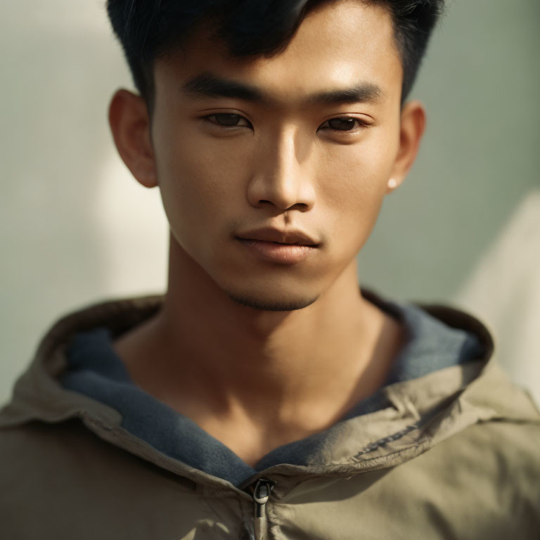 Young man with short hair in partially zipped jacket under sunlight.