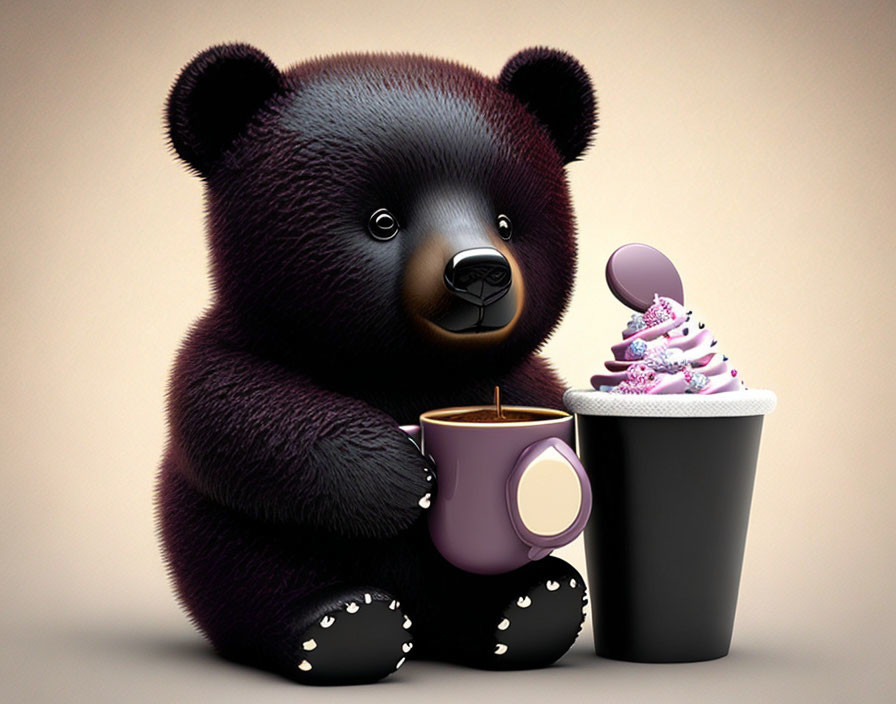 Goth bear drinking hot chocolate