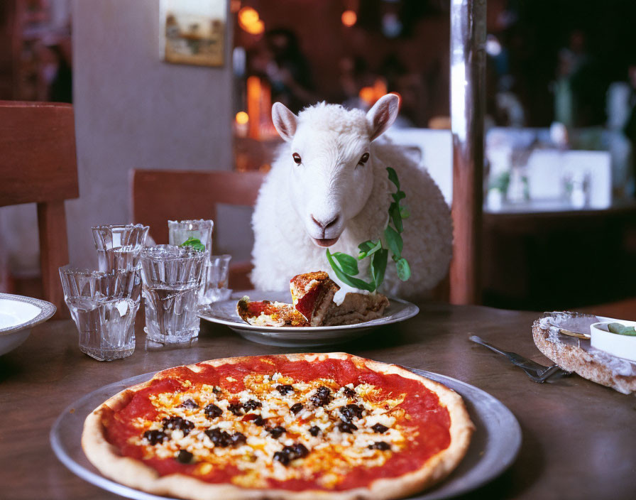 a sheep eating pizza in a restaurant