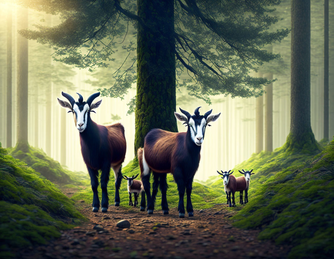 Forest scene with three goats under sunlight