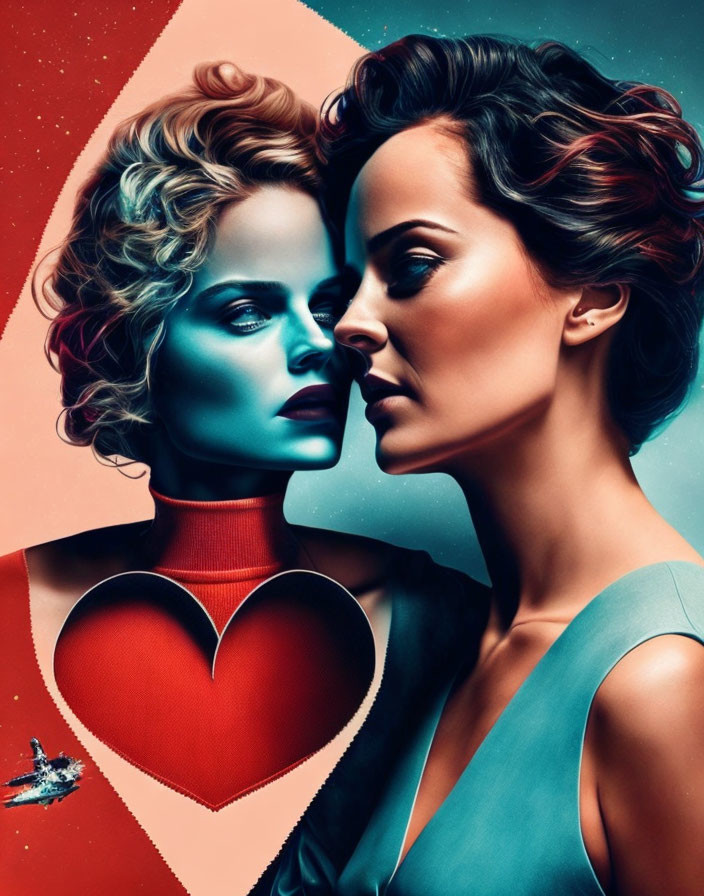 Two women in blue and red light against heart background symbolizing dynamic relationship