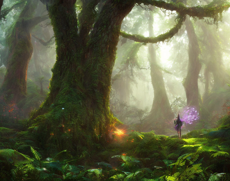 Enchanting forest scene with mossy trees, figure with magical staff, and floating lights