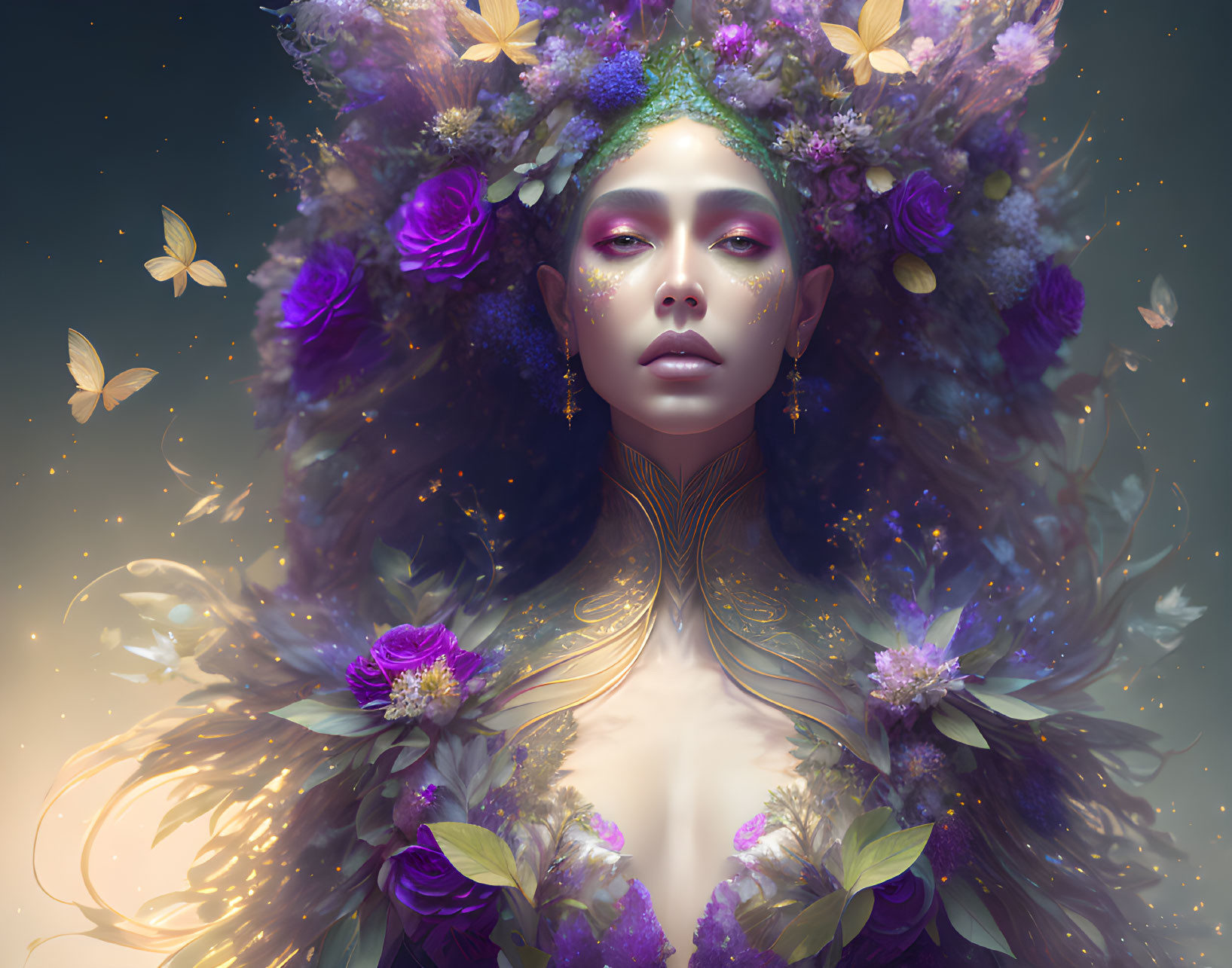 Mystical woman adorned with flowers and butterflies against golden backdrop