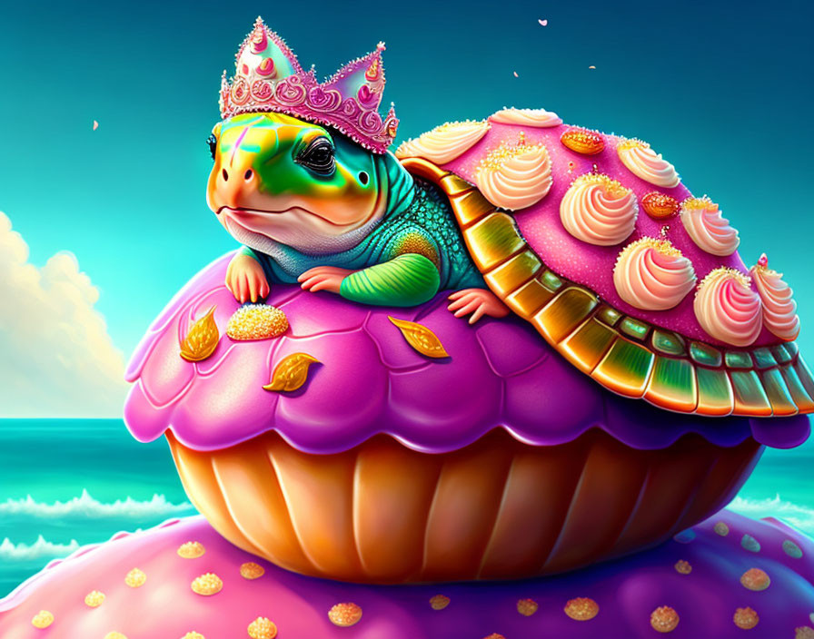 Crowned frog on cupcake with ocean backdrop