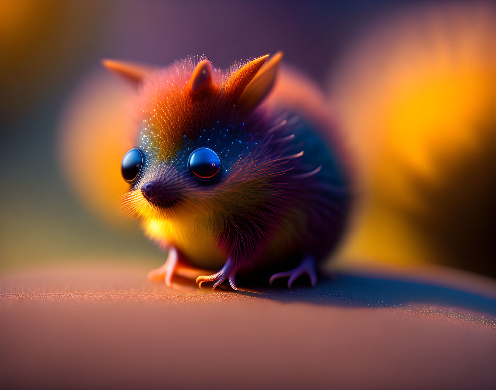 Fox-hedgehog hybrid with glowing orange fur and blue quills in colorful fantasy scene