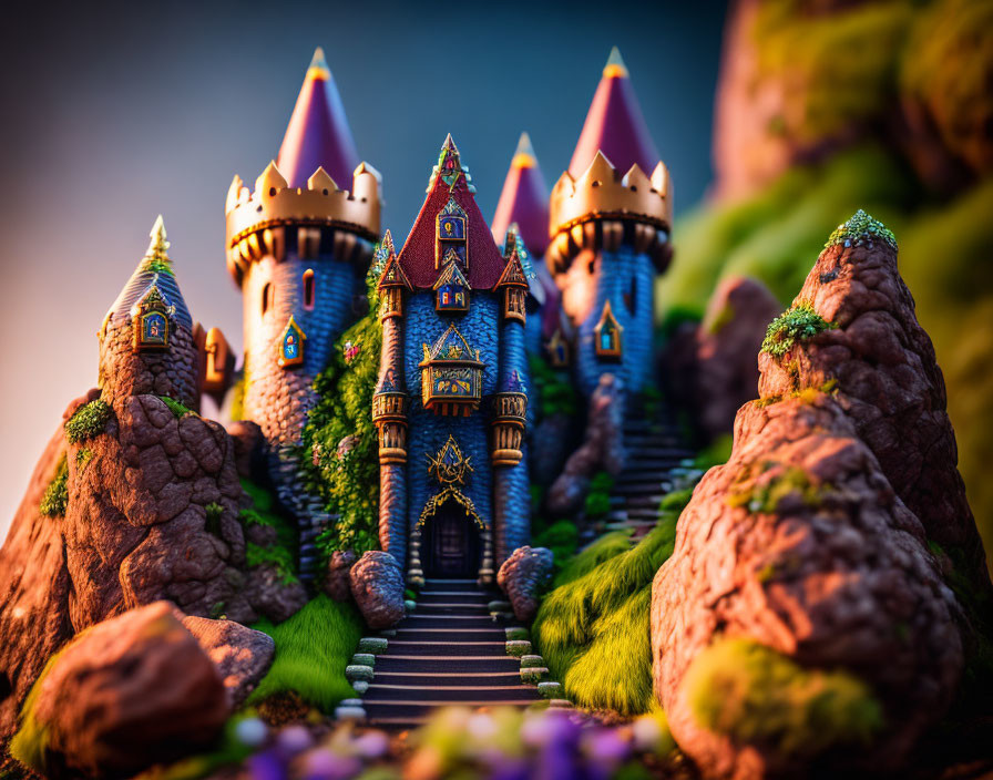 Miniature fantasy castle in vibrant colors amid rocky terrain and lush greenery