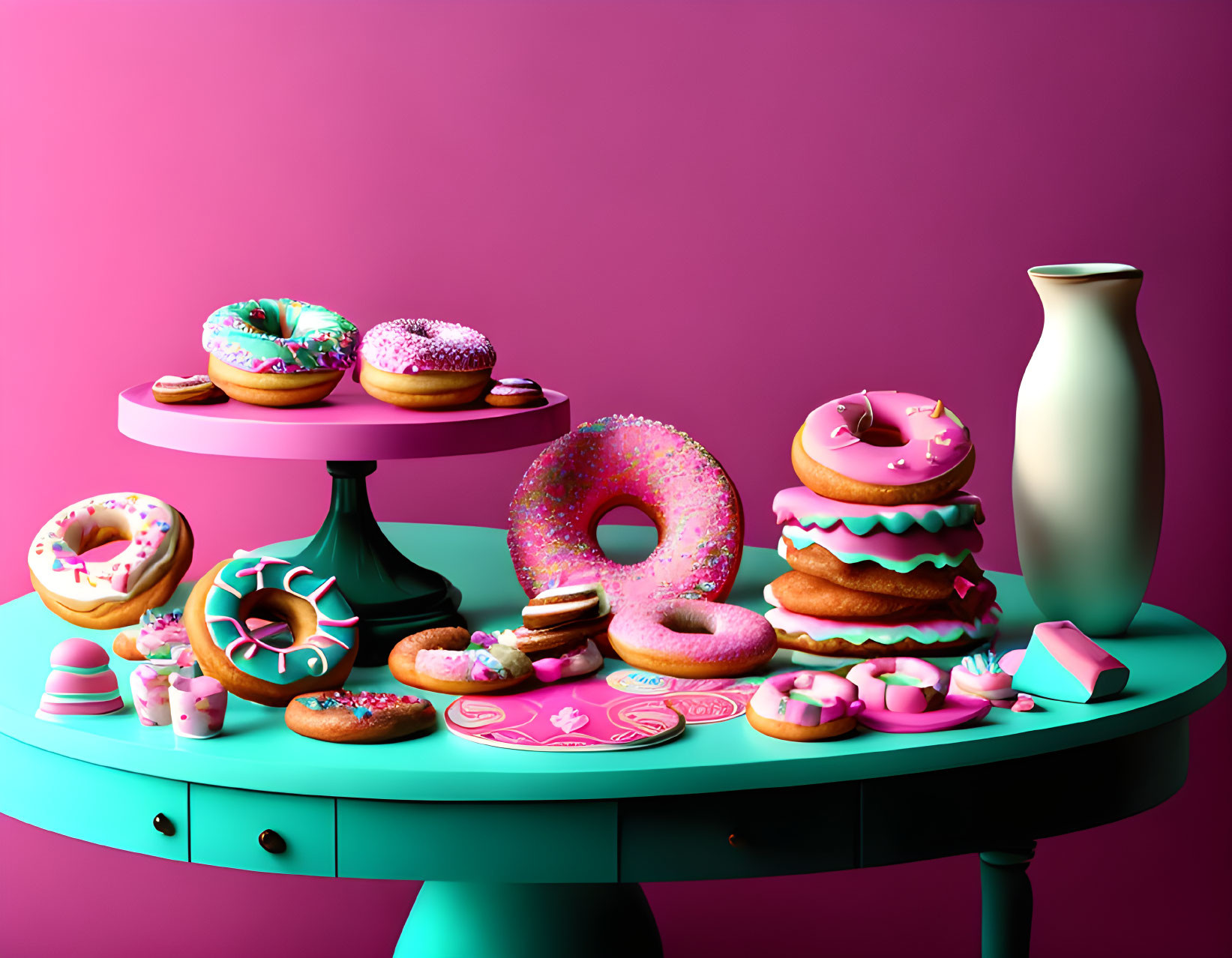 Assorted colorful donuts and pastries on pink and teal table with vase, pink background
