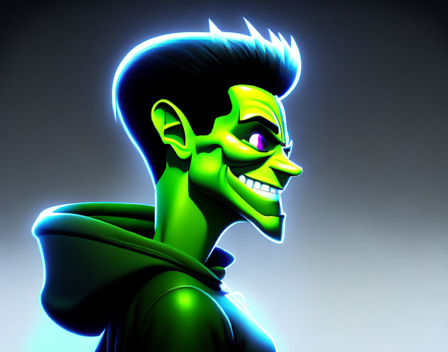 Green-skinned character with spiked hair in neon glow