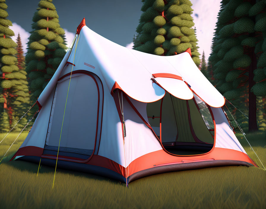 White and Orange Tent in Grass Clearing Among Coniferous Trees