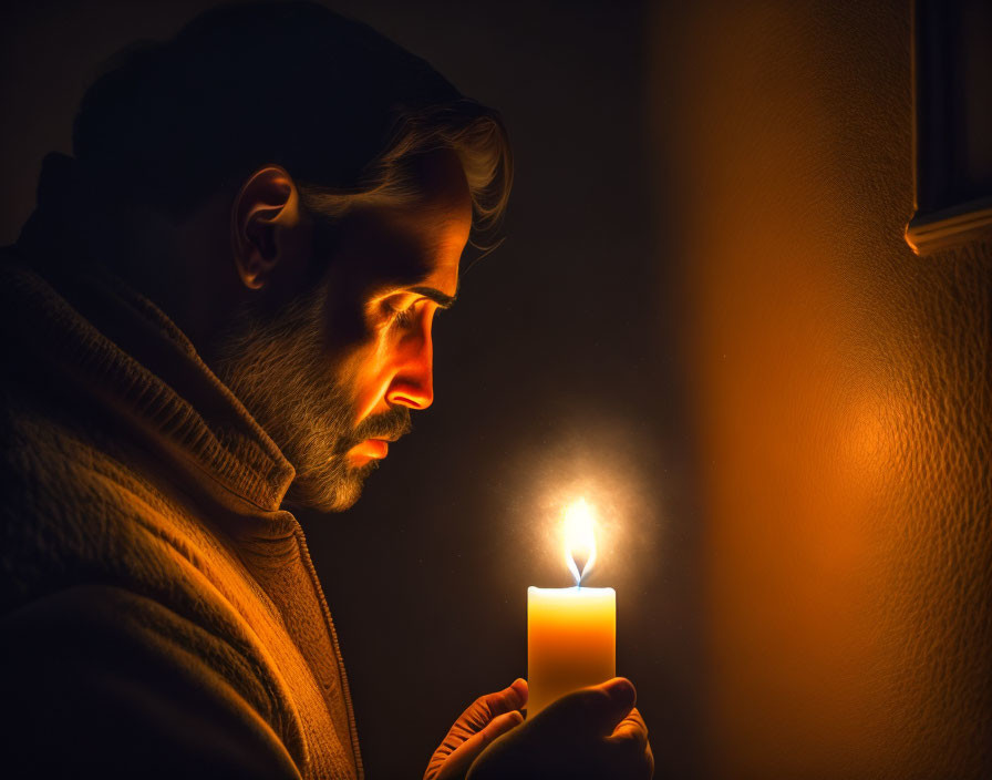 Bearded man gazes at candle in dimly lit room