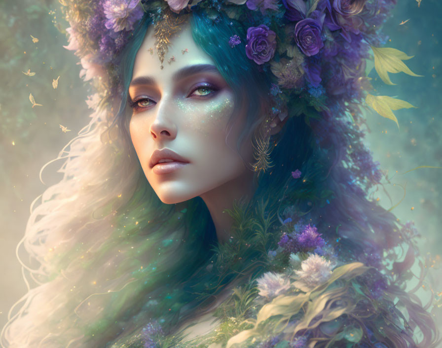Portrait of woman with blue hair and floral wreath, emitting mystical aura
