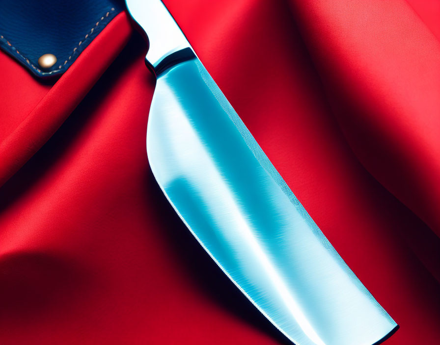 Shiny chef's knife with blue handle on red fabric with dark leather corner
