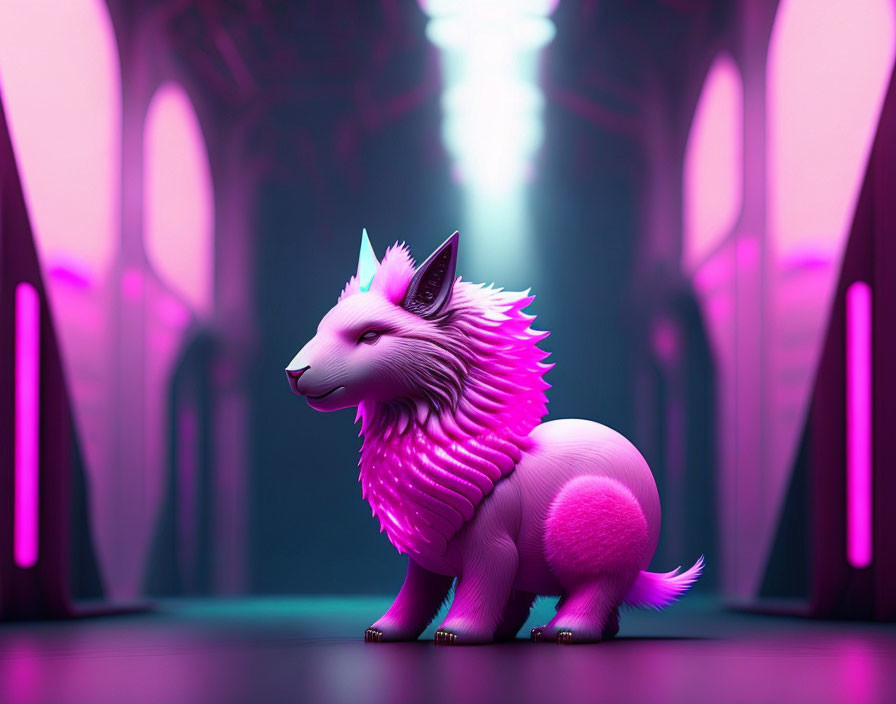 Pink and White Wolf-Like Creature in Futuristic Corridor
