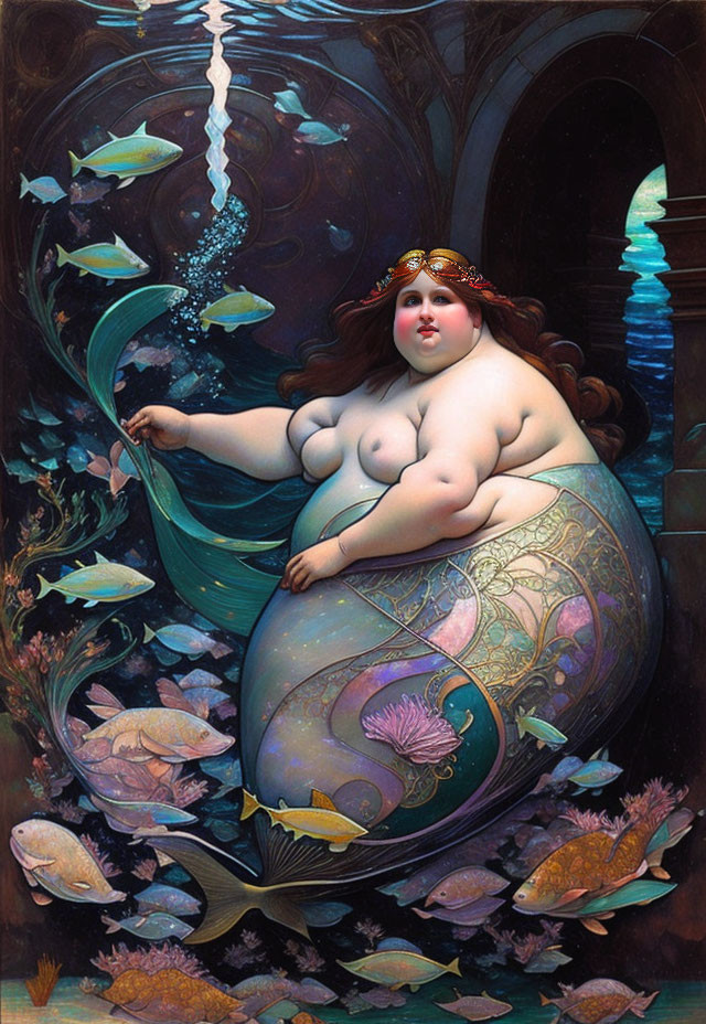 Voluptuous mermaid with long red hair in ornate seashell surrounded by fish