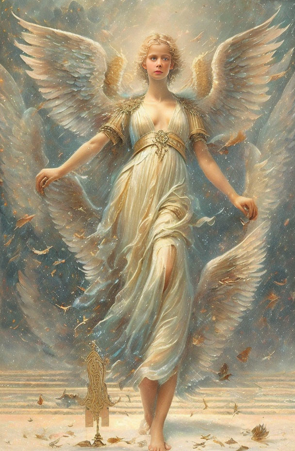 Ethereal angel with large wings in gold gown and antique setting