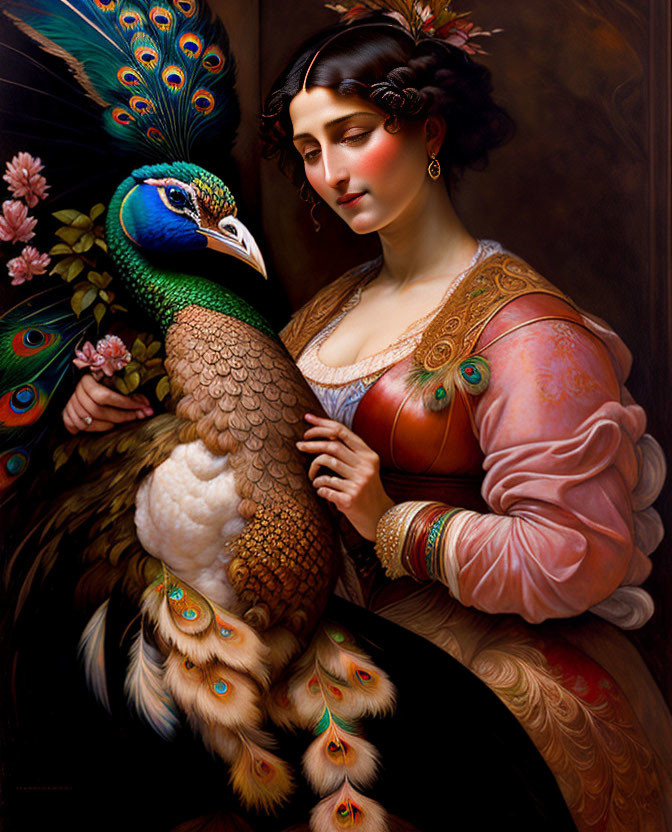 Portrait of elegant woman with peacock in vintage dress and vibrant colors