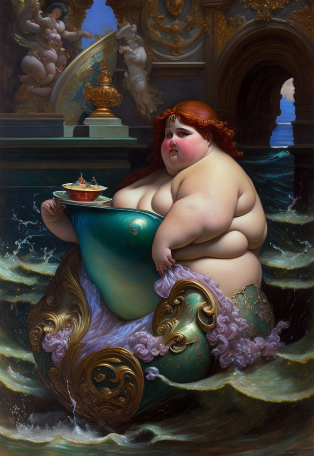 Plump woman in greenish-blue mermaid tail with putti in background