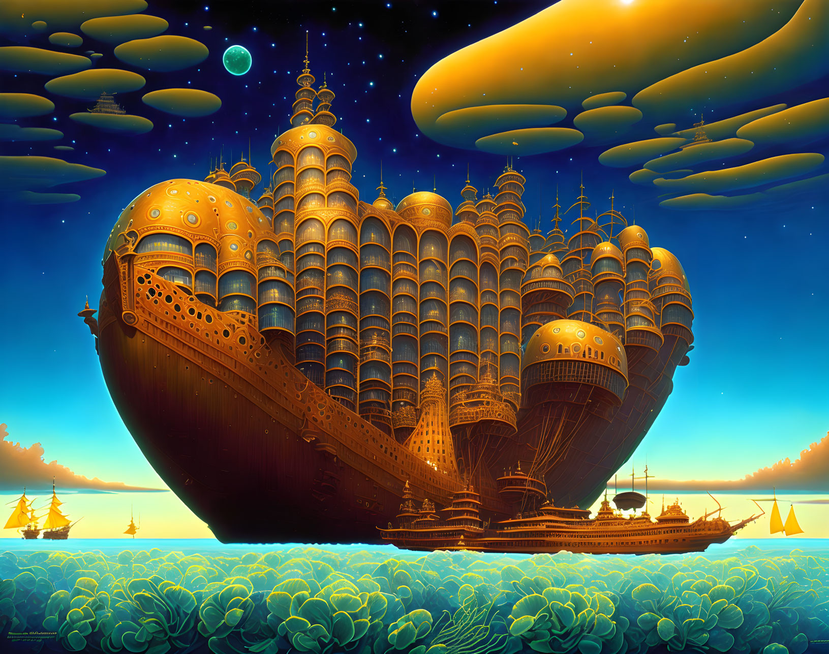 Steampunk airship with multiple levels sailing in starry sky