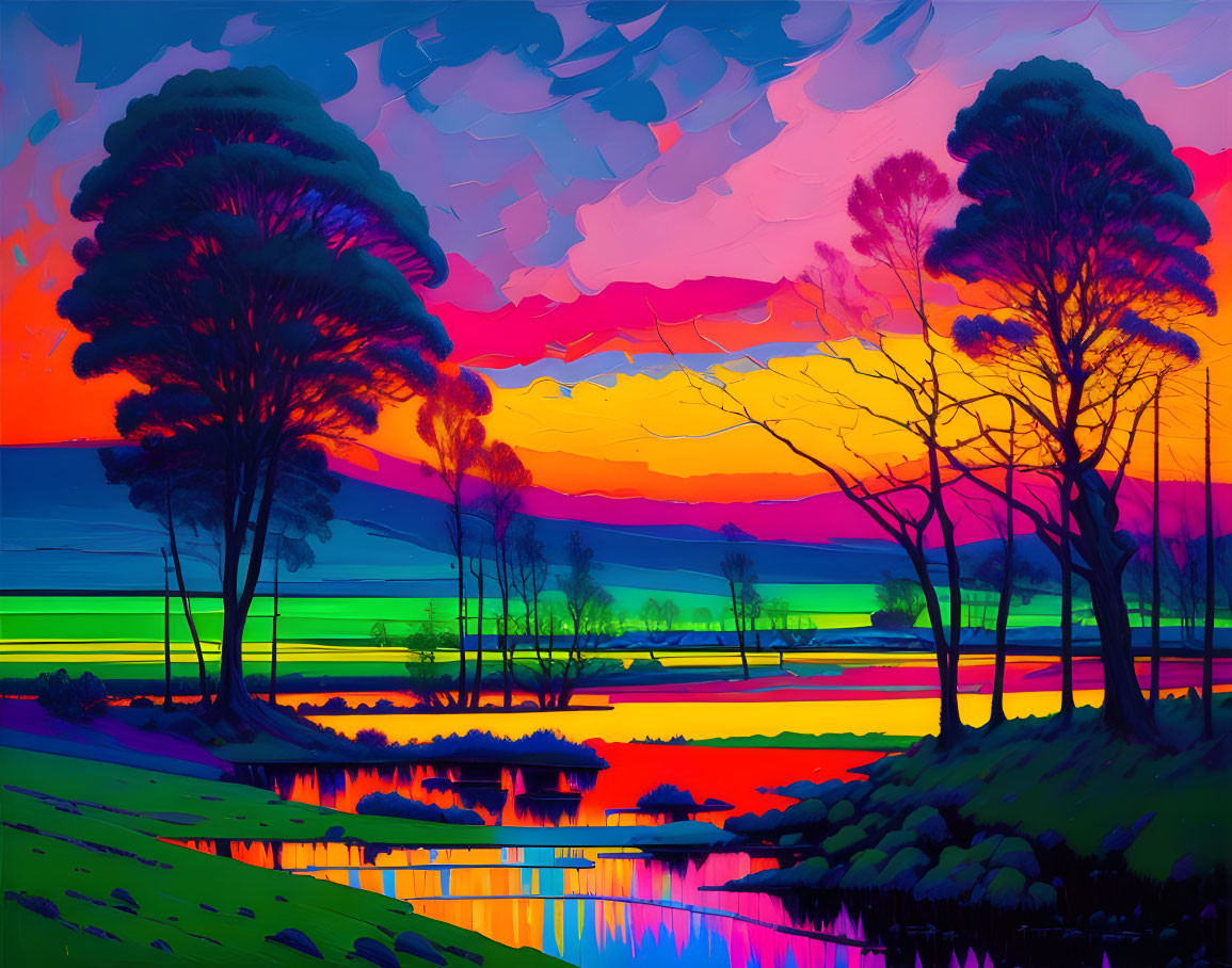 Colorful digital art landscape: stylized trees, reflective water, vibrant sunset