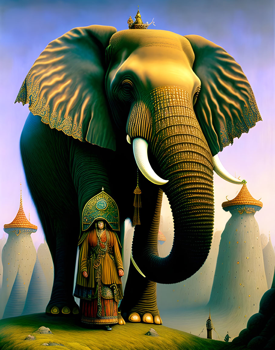 Majestic elephant with crown in psychedelic fantasy landscape