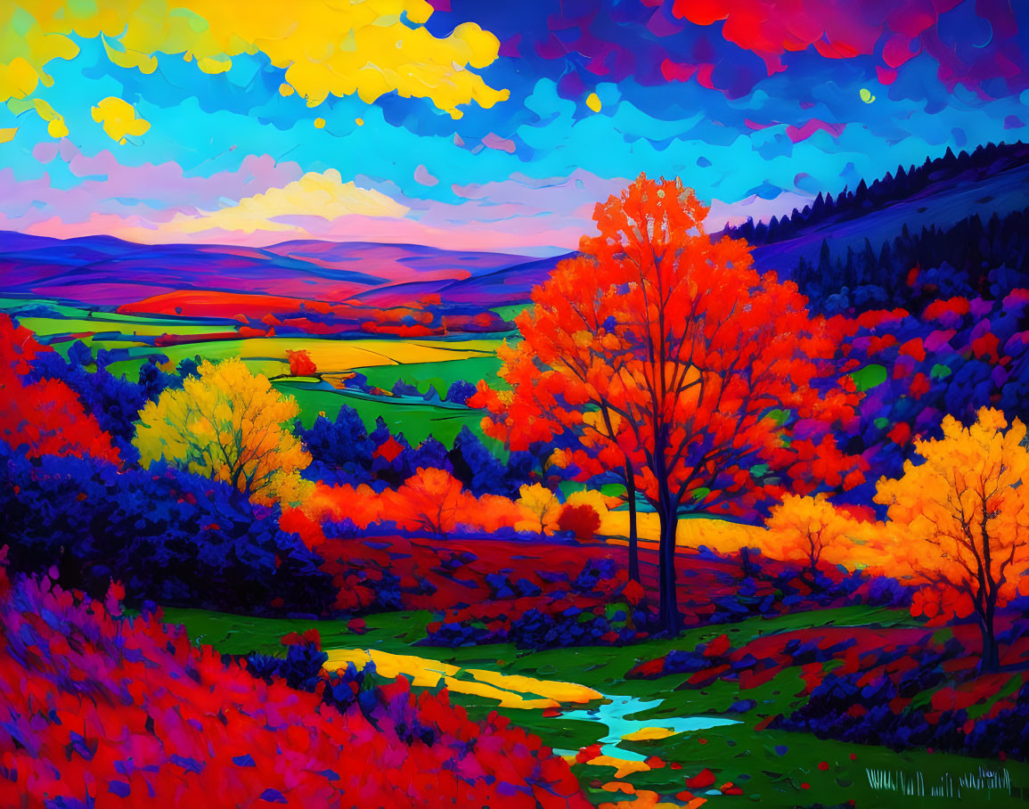 Colorful landscape with vibrant trees, stream, hills, and dramatic sky