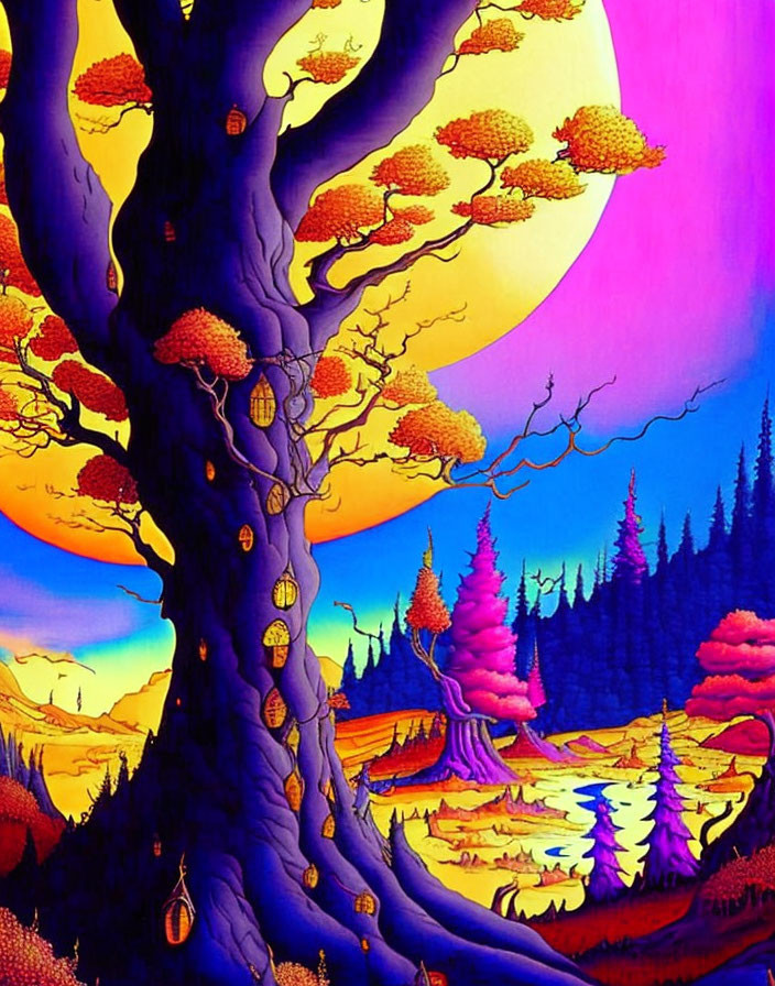 Colorful surreal landscape with twisted tree, vibrant foliage, yellow sun, purple sky