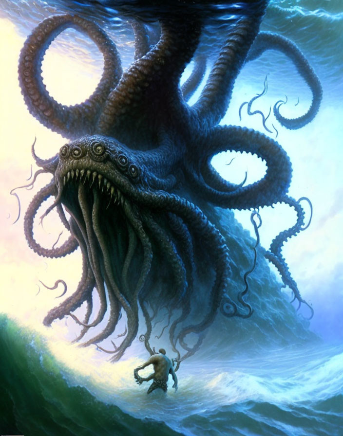 Gigantic octopus-like sea creature with multiple tentacles and small diver.