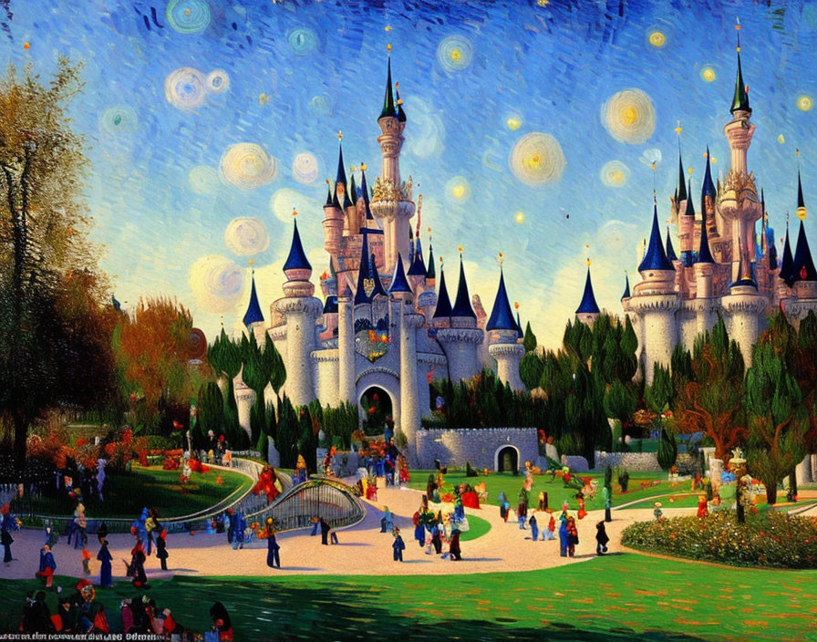 Fairytale castle under starry night with park and people.
