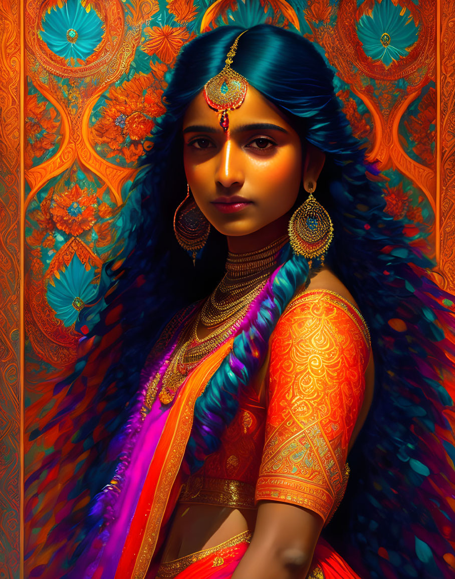 Traditional Indian attire woman with ornate jewelry on vibrant floral backdrop
