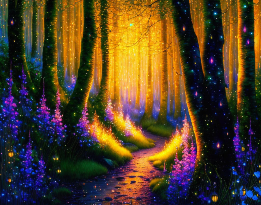 Enchanting forest path with glowing flowers and trees