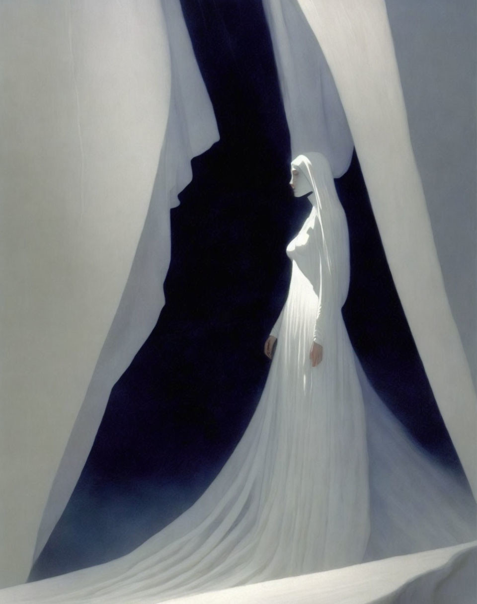 Person in white robes standing in cavernous opening with soft light and dark blue tones
