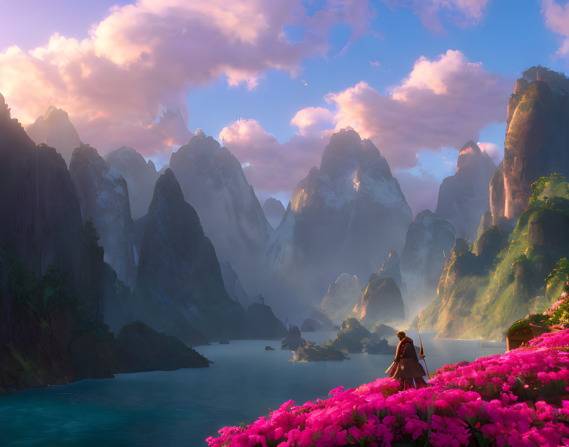 Person admiring majestic mountain landscape at sunrise or sunset