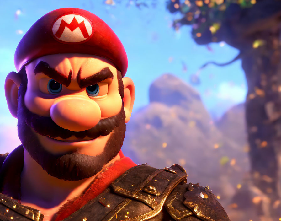 Stern 3D Mario in Red Hat and Armor Against Nature Backdrop