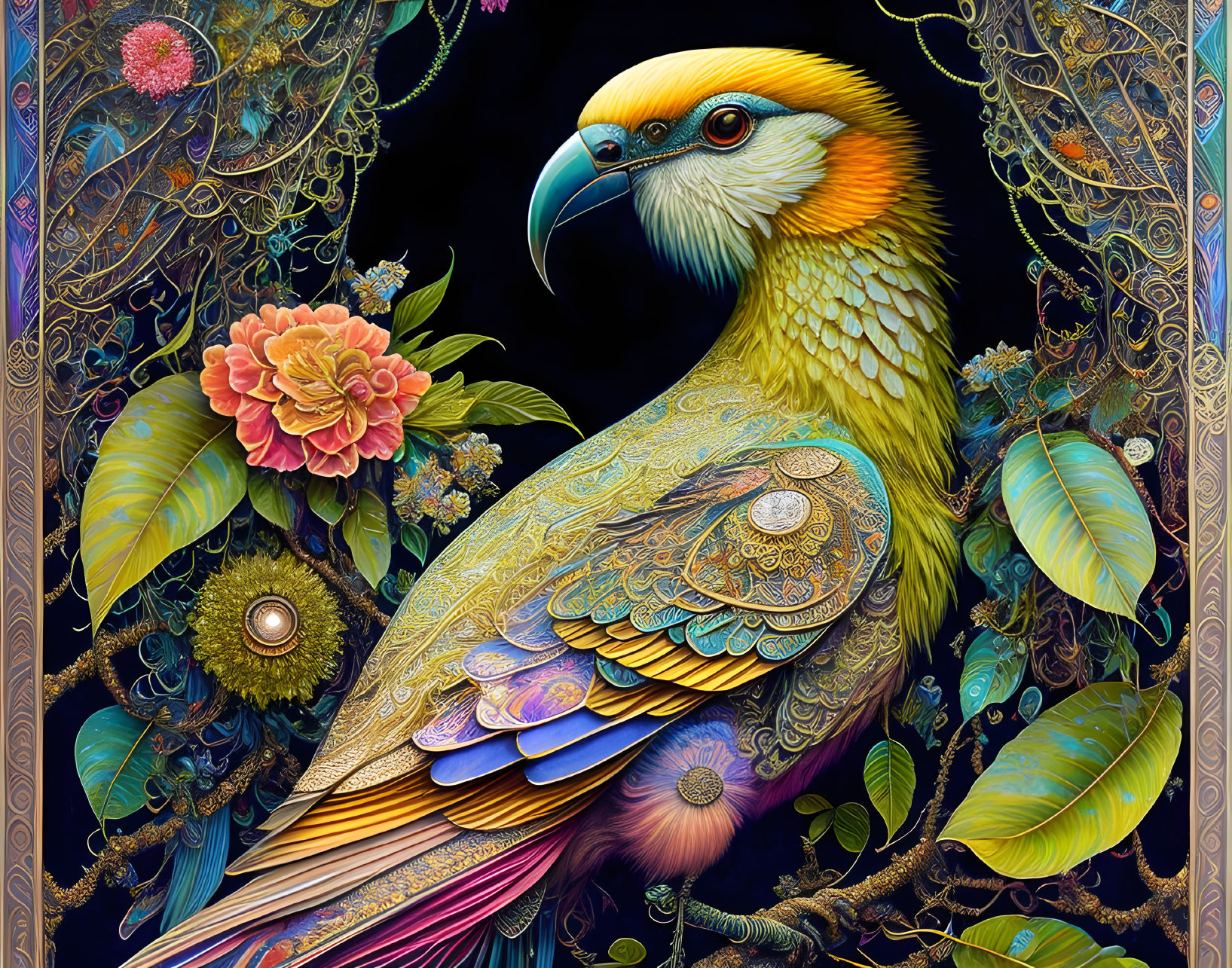 Colorful Majestic Bird with Floral and Ornamental Patterns on Dark Background