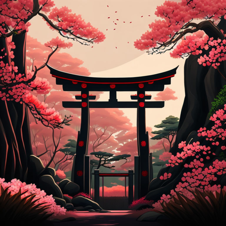 Torii Gate, In a lush Sakura grove 