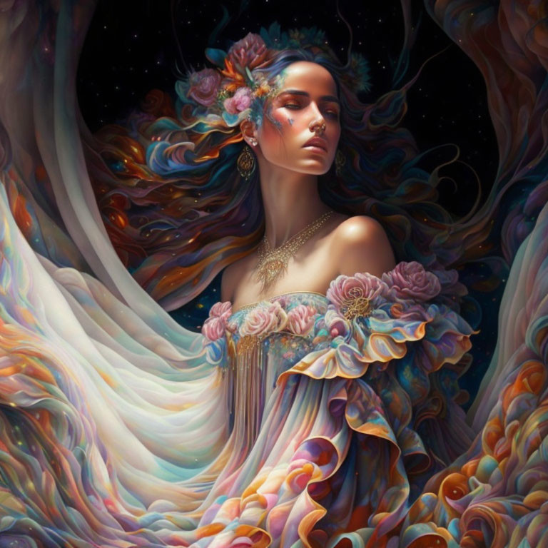 Ethereal woman with flowers in hair in colorful gown against cosmic backdrop