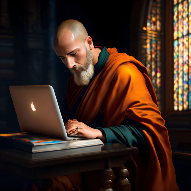 Portrait of a monk working on his laptop