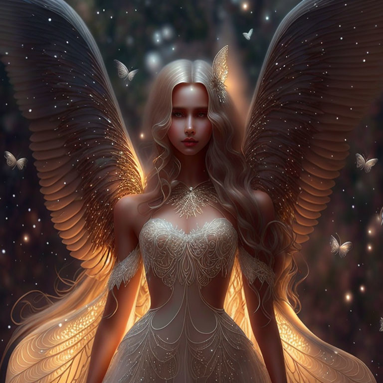 Detailed digital art: Angelic figure with large wings in mystical starry backdrop