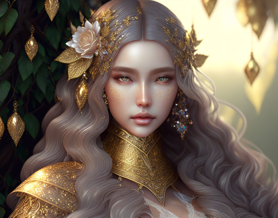 Detailed illustration of woman with long curly hair, adorned with gold jewelry, set in lush green foliage.