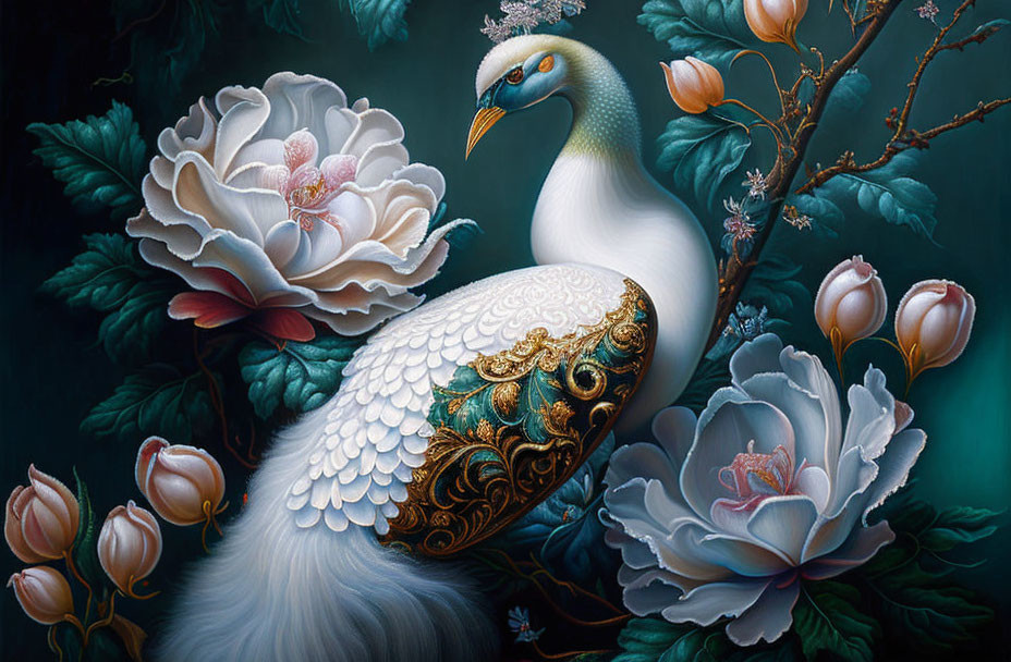 Surreal white peacock with ornate tail feathers and flowers on dark background