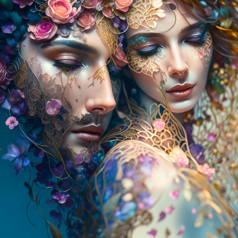 Ethereal women with floral adornments in artistic portrait