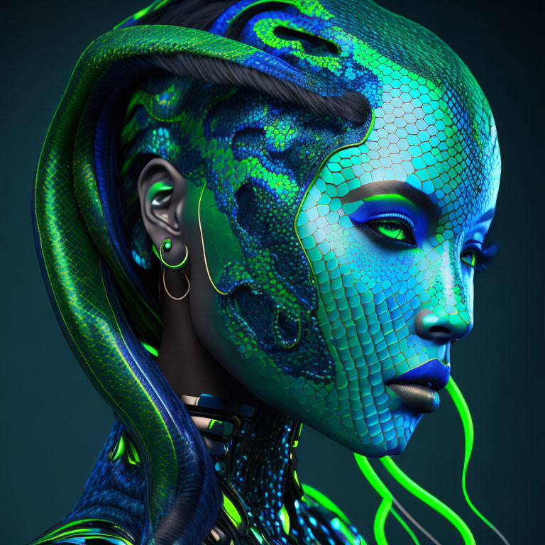 Blue-skinned female figure with green patterns and futuristic earpieces on dark background