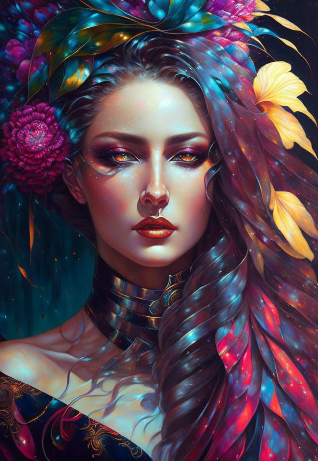 Vibrant digital artwork of woman with flowers and feathers in hair